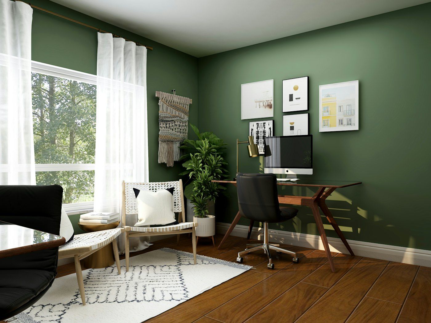 A bright, comfortable home office with a desktop computer by the window